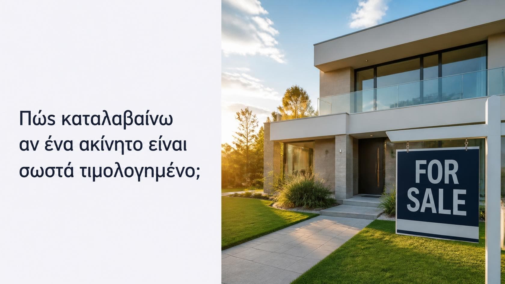 Σύγχρονη διώροφη κατοικία με κήπο και πινακίδα «For Sale», δίπλα στον τίτλο «Πώς καταλαβαίνω αν ένα ακίνητο είναι σωστά τιμολογημένο;»